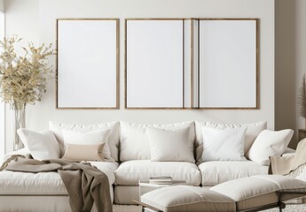 Minimalist living room with a white couch and three empty picture frames on the wall. ready for your design