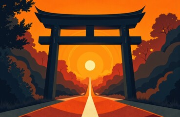 A traditional Japanese torii gate silhouetted against a vibrant sunset with warm orange and red tones