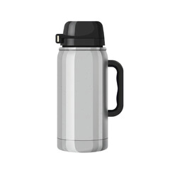 Stainless steel thermos with a black lid, placed on a white background for versatile use
