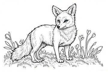 Fox Standing in Grass, Illustration with Blue Eyes