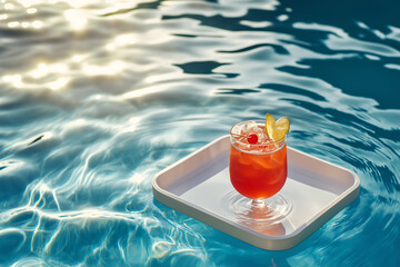 fresh drink for diet drink on tray floating in pool summer background
