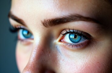 Fototapeta premium Close-up of a woman's blue eyes with detailed skin texture and natural eyebrows