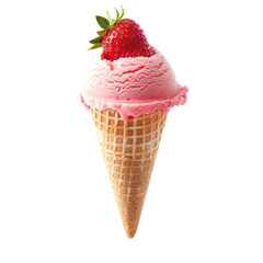 Strawberry ice cream cone.  Fresh pink ice cream scoops into a waffle cone, topped with a whole strawberry