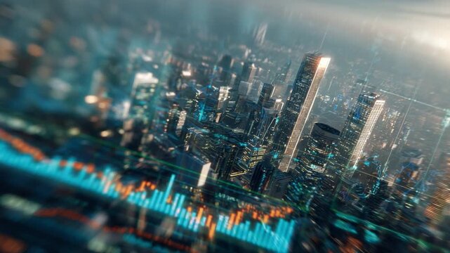 Cityscape Dynamics: A mesmerizing aerial perspective of a futuristic cityscape comes alive with shimmering lights, conveying the dynamism of business and technology.