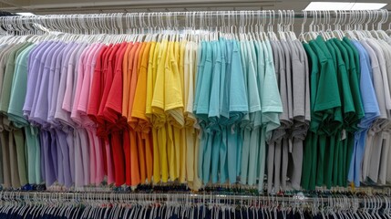 A rack displays numerous short-sleeved t-shirts, neatly organized by color, creating a vibrant rainbow effect.  Each shirt is folded and hung on individual hangers