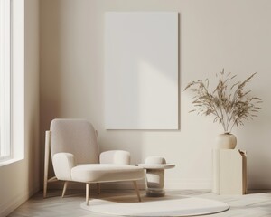 A cozy living room corner with a beige armchair. a round rug. a wooden side table. a vase with dry branches and a blank canvas mockup