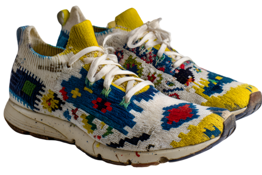 Close-up of colorful, patterned running shoes.