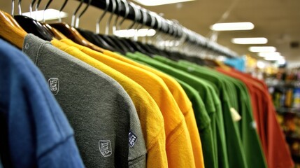 Colorful t-shirts neatly hang on a clothing rack in a retail store, showcasing a variety of colors and styles, suggesting a diverse selection for customers