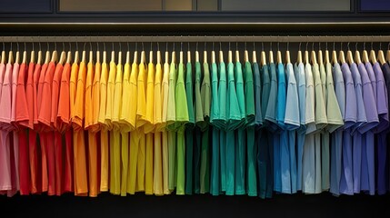 A vibrant display of short-sleeved t-shirts, hung neatly on wooden hangers in a spectrum of colors ranging from red to purple, arranged on a shelf against a dark background