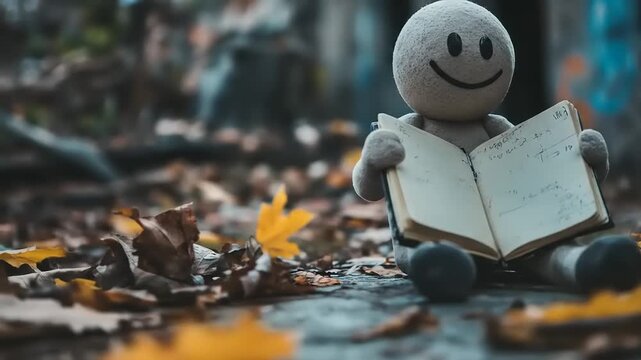 A cheerful plush figure sitting on a forest floor, reading a notebook surrounded by autumn leaves