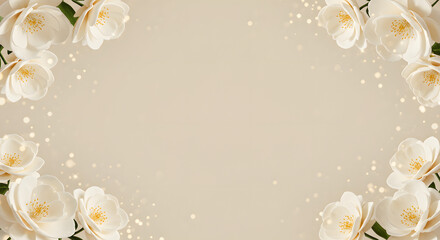 Beautiful floral wedding invitation backdrop with white blossoms and sparkling lights on a soft cream colored background.