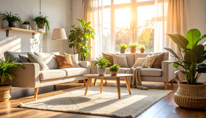 Sunny living room with plants, and sofa.