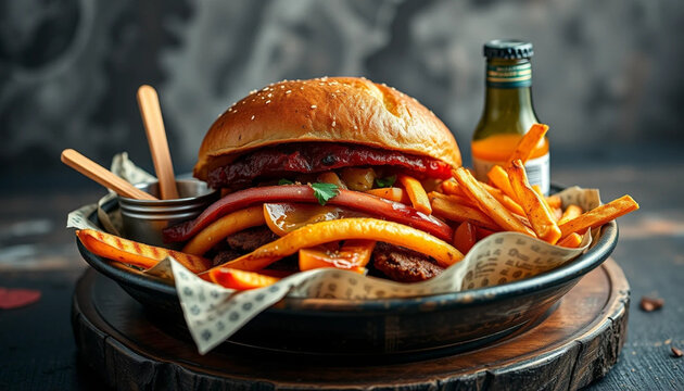A juicy cheeseburger with fresh lettuce, tomato, and onion on a sesame bun, served on a plate with potato fries, bottle of water
