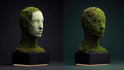 Two moss-covered busts, side profile, on dark bases