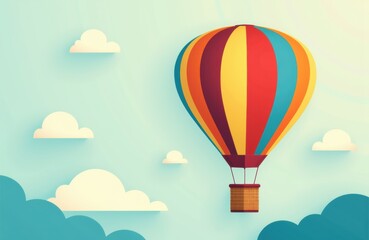 Colorful hot air balloon floating in sky with clouds and blue background