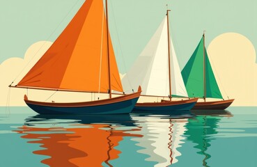 Fototapeta premium Colorful sailboats with vibrant sails floating on calm water in a scenic maritime setting