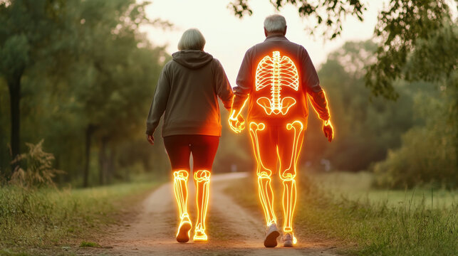 Active senior couple walking in nature with glowing skeletal bones illustration highlighting healthy lifestyle and joint movement outdoors
