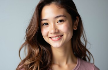 Naklejka premium A young woman with long, wavy brown hair smiling warmly at the camera