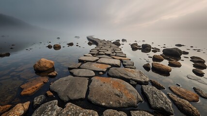 Photo of a stone pathway emerges from the misty water, leading into the distance