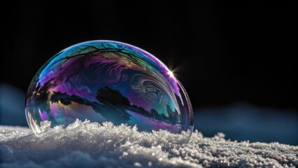 Iridescent bubble reflecting trees and sky on snow reflection