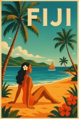 Tropical Fiji illustration with woman sitting on sandy beach in swimsuit, sailboat on calm blue water, distant hills, palm trees and red hibiscus flowers