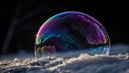 Iridescent bubble resting on snow rainbow colors