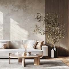 Sunlit living room with beige sofa, wooden coffee table, and decorative plant