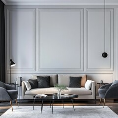 Elegant living room with neutral tones, a beige sofa, dark armchairs, and a large wall panel