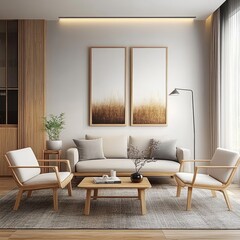 Minimalist living room with light wood furniture, neutral palette, and abstract art