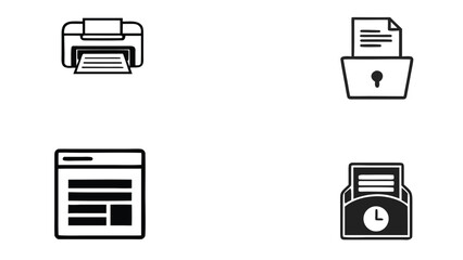 printer and document icons set in simple black and white line style


