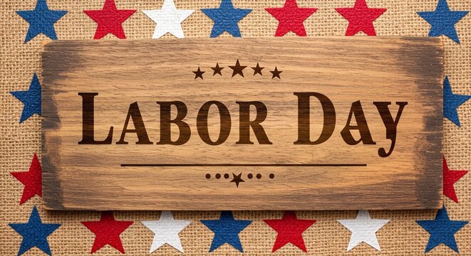 Happy laber day, Wood sing banner Closed Labor Day sign with retro white and blue star and stripes on weathered wood