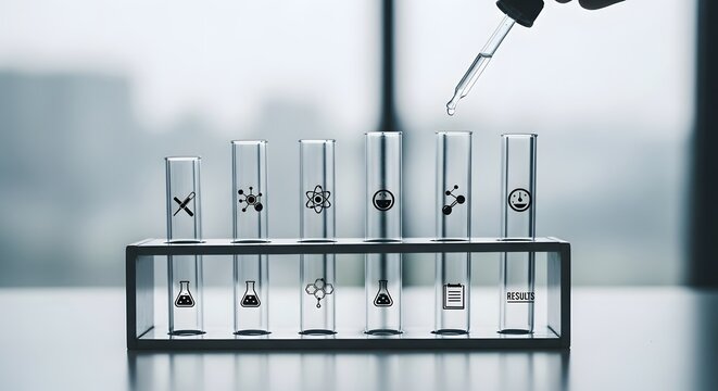 Scientific experiment for business and technology innovation. A dropper adds liquid to a test tube containing abstract data icons