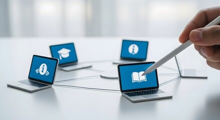 E-learning and online education concept with a person navigating a network of laptops for virtual training and digital knowledge access.