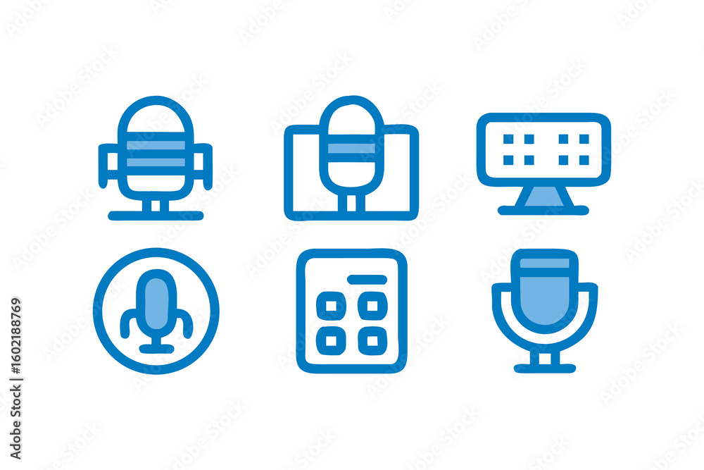 Fototapete Set of podcasting and audio related icons in blue outline style including microphone computer screen and application grid for podcasting needs