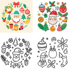 Fototapeta premium Cute Circular Christmas Illustrations — Santa, Snowman, Ornaments & Festive Holiday Patterns