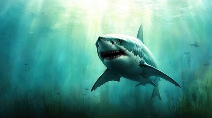 Naklejka premium Menacing watercolor shark swims through the shadowy depths, its powerful body cutting through the water as smaller fish scatter in fear from its path.