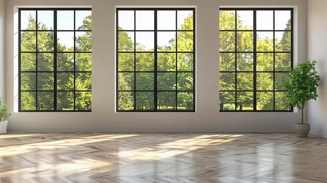 Interior room with large windows and parquet flooring
