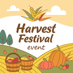 Illustration of harvest festival event with pumpkins, apples, corn, baskets, trees and clouds design