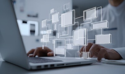Hands on laptop, workflow diagram overlay