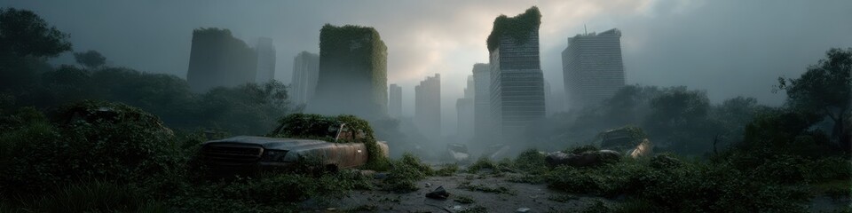 Post-apocalyptic cityscape with overgrown vegetation at dawn