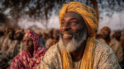 Joyful man wearing traditional attire smiles during cultural event