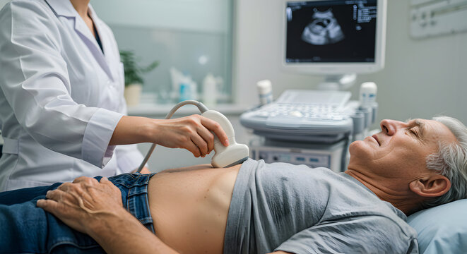A doctor performs an ultrasound examination on a senior male patient's abdomen, ensuring accurate diagnosis and personalized healthcare. - Powered by Adobe