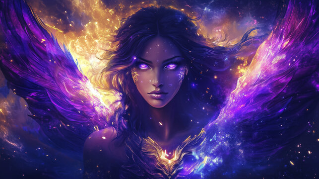 Powerful night goddess Nyx emerging from a glowing cosmic void