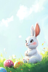 Fototapeta premium Cute white rabbit sitting in a grassy field surrounded by colorful Easter eggs under a blue sky