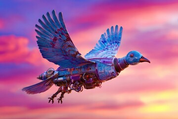 A bird with a long, silver beak flies through the sky