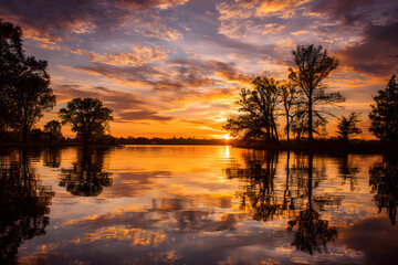 Fototapeta premium Golden Hour Symphony: Embracing the Splendor and Serenity of Nature's Twilight Canvas Over Tranquil Waters Under a Majestic Yellow Sunset