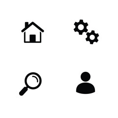 Four black square icons featuring home gears search and user symbols