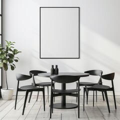 Minimalist dining room with black table and chairs. a large black frame on the wall. and a potted plant in the corner