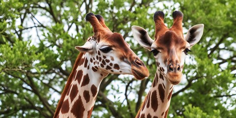 Obraz premium Two giraffes stand close together with lush green trees in the background