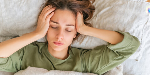 Woman experiences distress in a calm bedroom, dealing with headache and stress